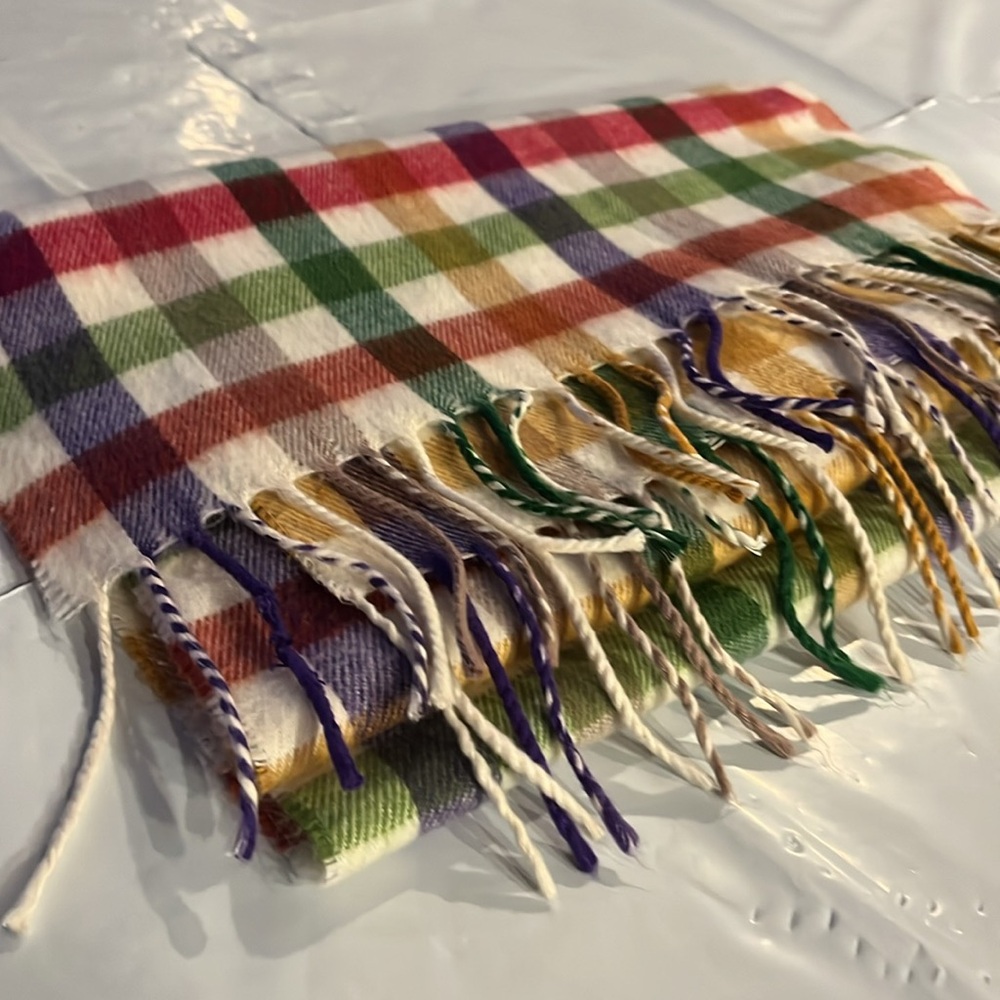 Cashmyarn by Berkshire CHECKERED COLORFUL SQUARES PLAID LONG Scarf fringe ends